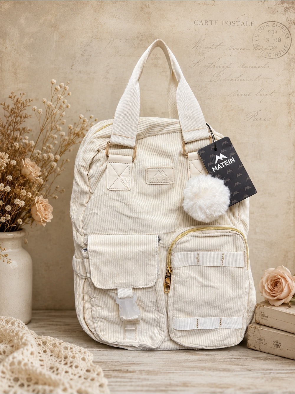 15.6” Laptop Backpack Beige Corduroy TSA Travel School Work Bookb - Picture 2 of 3